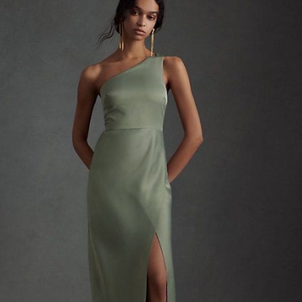 BHLDN Dylan One-Shoulder Satin Side-Slit Gown